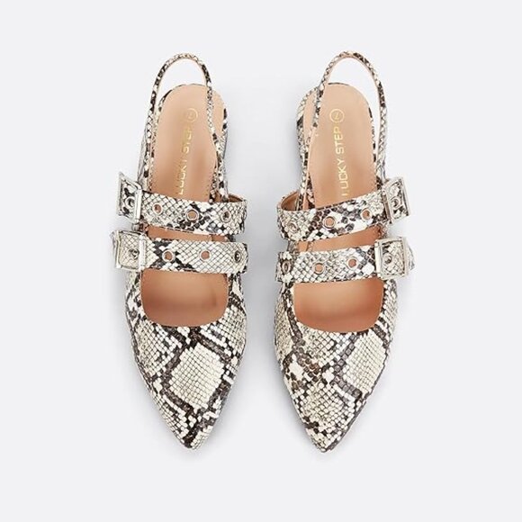 LUCKY STEP Women's Slingback Buckle Flats Ballet Pointed Toe In Snake, 7 - Picture 3 of 13